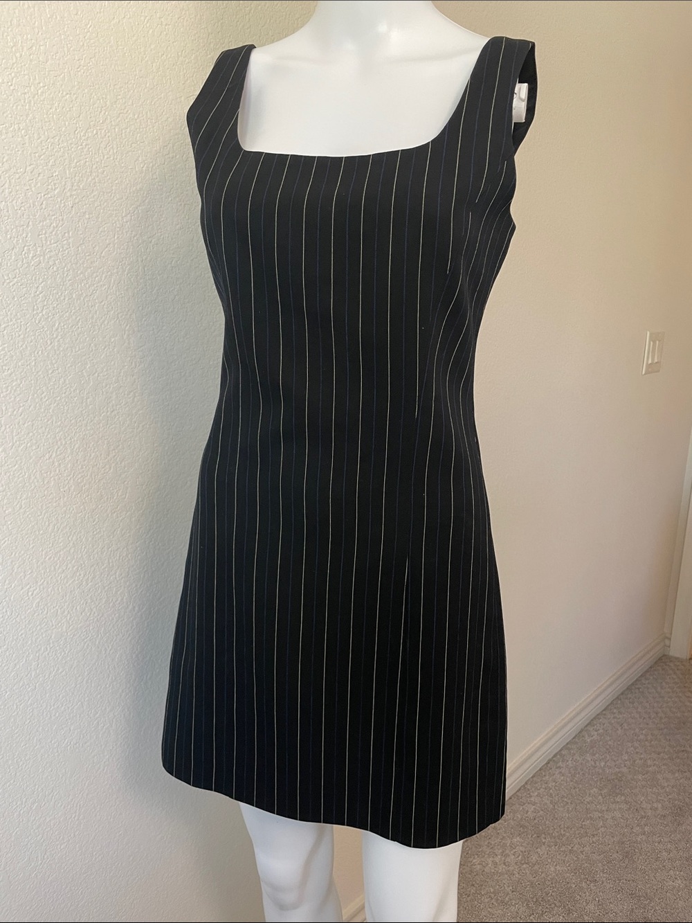 Vintage CK Calvin Klein Wool Pinstripe Sheath Dress | Made in Great Britain